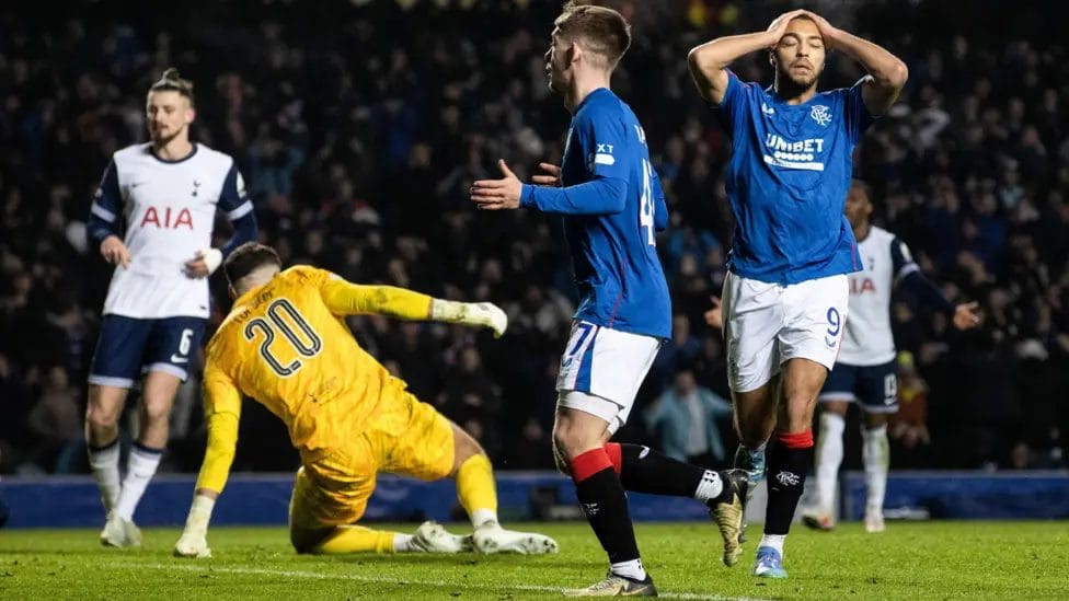 'Spurs' lost tourists ransacked by revived Rangers' 1 Cyriel Dessers was denied by former Celtic goalkeeper Fraser Forster late on