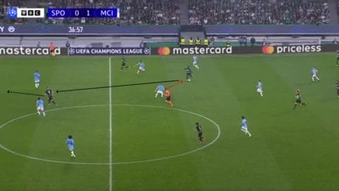 Man City v Man Utd - five talking points on an unusual derby 6 Manchester City's Kovacic, overworked as the only number six, cannot get close enough to stop the through ball for Sporting's first goal.