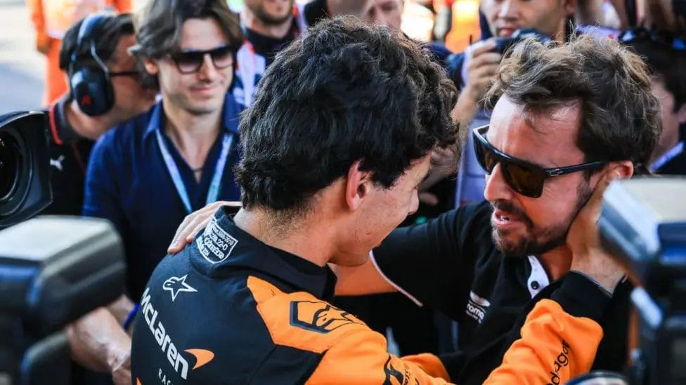 F2 champion Gabriel Bortoleto celebrates his victory with Alonso, who is his manager. Bortoleto will be a Sauber driver in F1 in 2025

