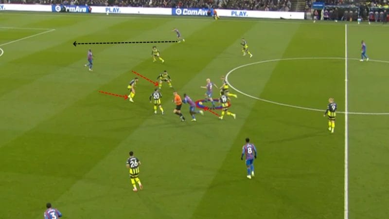 Palace's first goal in the 2-2 draw comes from Will Hughes (circled) having the time - without the injured Rodri in place for the visitors - to advance and play a through ball to Daniel Munoz. Ilkay Gundogan (19) is out of position, forcing the two City centre-backs to try to step out.

