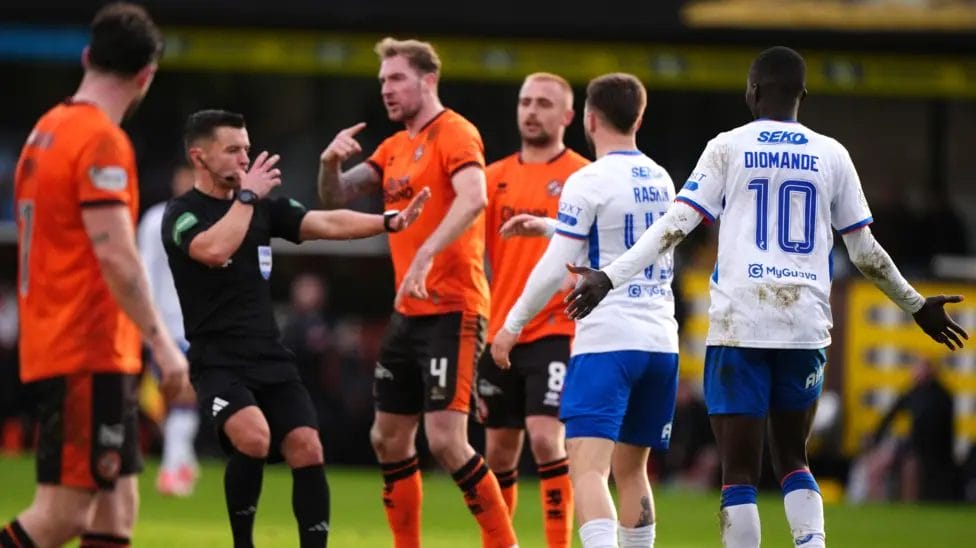 Mohamed Diomande (far right) was sent off in added time at Tannadice