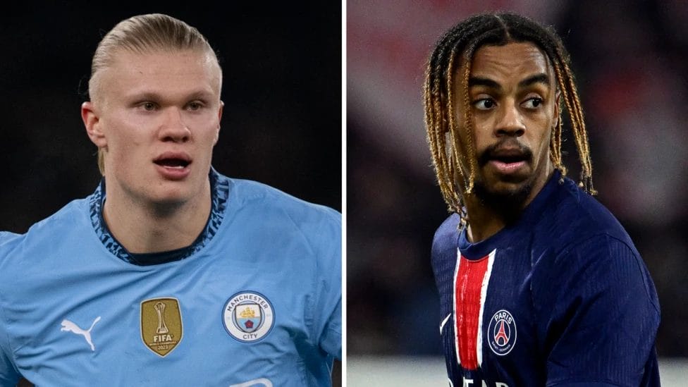 Manchester City's Erling Haaland (left) has scored five goals in the league phase so far, but PSG's Bradley Barcola (right) is yet to find the net