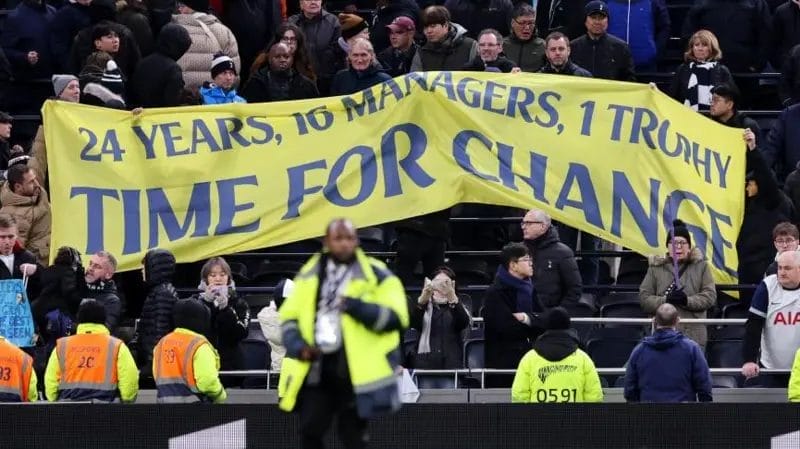 How does Daniel Levy run Tottenham - and would he ever leave? 2 A banner asking for change was displayed at full-time after Tottenham lost at home to Leicester in January