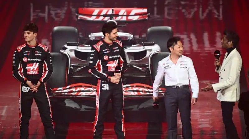 F1 75 launch event in pictures 13 Smiles all round for the Haas team as Briton Oliver Bearman (left) appears in front of a home crowd