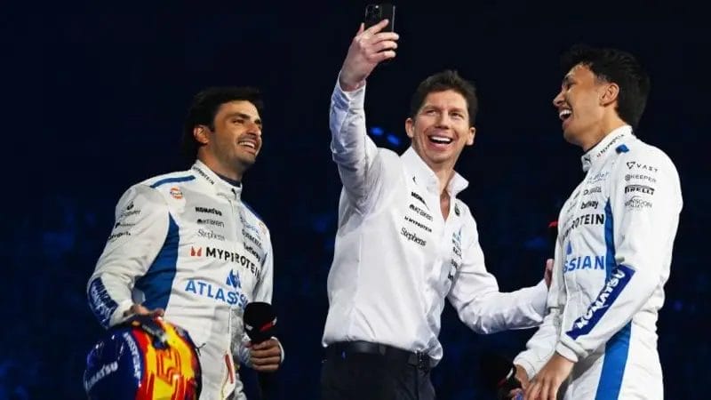 Selfie time for the Williams team with new addition Carlos Sainz (left) alongside team boss James Vowles and Alex Albon

