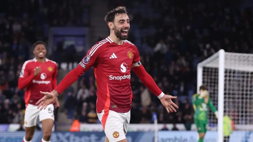Bruno Fernandes scored Manchester United's late third in their win at Leicester