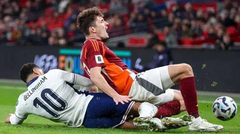 'England show Tuchel's search for thrills will be no quick fix' 3 Jude Bellingham was fortunate not to receive a second yellow card for a reckless challenge on Raivis Jurkovskis