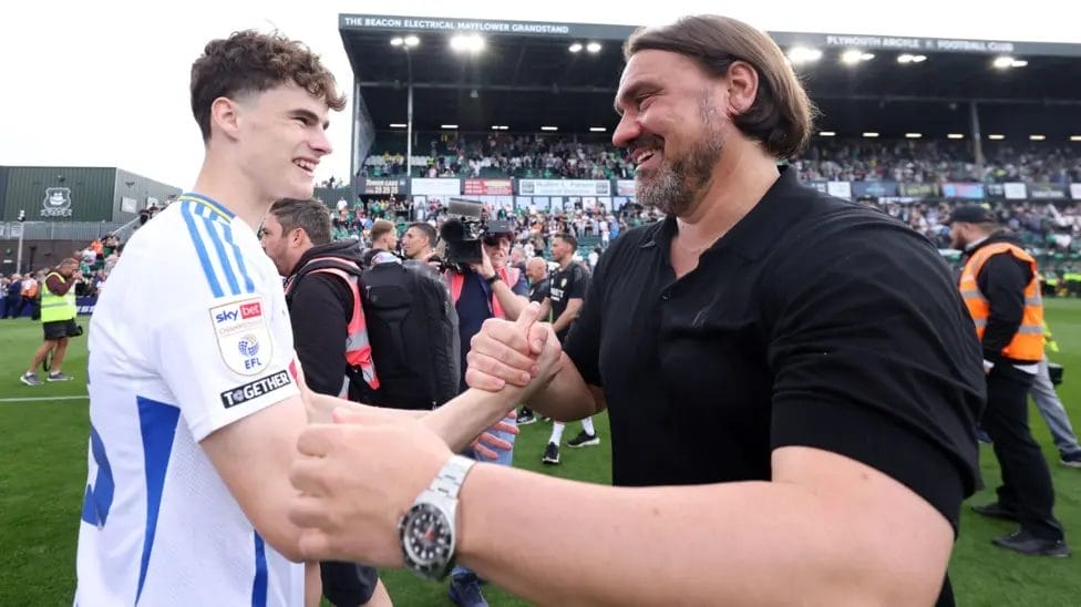 Leeds boss Daniel Farke (right) has won promotion from the Championship for the third time

