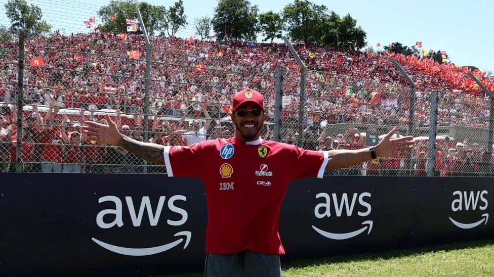 Lewis Hamilton in front of a grandstand of Ferrari fans before the Emilia-Romagna Grand Prix on Sunday

