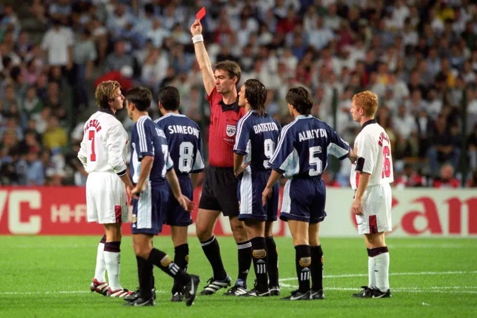 At the 1998 World Cup in France, Beckham was sent off after kicking out at Argentina's Diego Simeone. He became, at the time, only the second player to be sent off for England at a World Cup, after Ray Wilkins received a red card in 1986.


