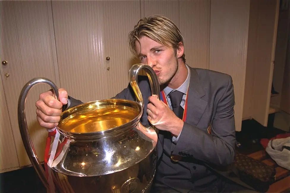 Beckham delivered both corners from which Manchester United scored twice in injury time to beat Bayern Munich in the 1999 Champions League final, completing the Treble


