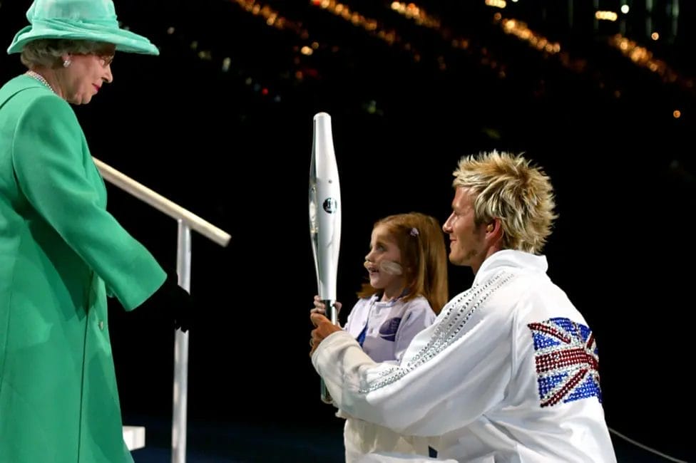 David Beckham and Kirsty Howard presented the Jubilee Baton to Queen Elizabeth II during the Manchester Commonwealth Games opening ceremony in 2002. Kirsty was born with a rare heart defect and was given just weeks to live at the age of four, but lived until she was 20 and raised more than £7.5m for Manchester's Francis House Children's Hospice.

