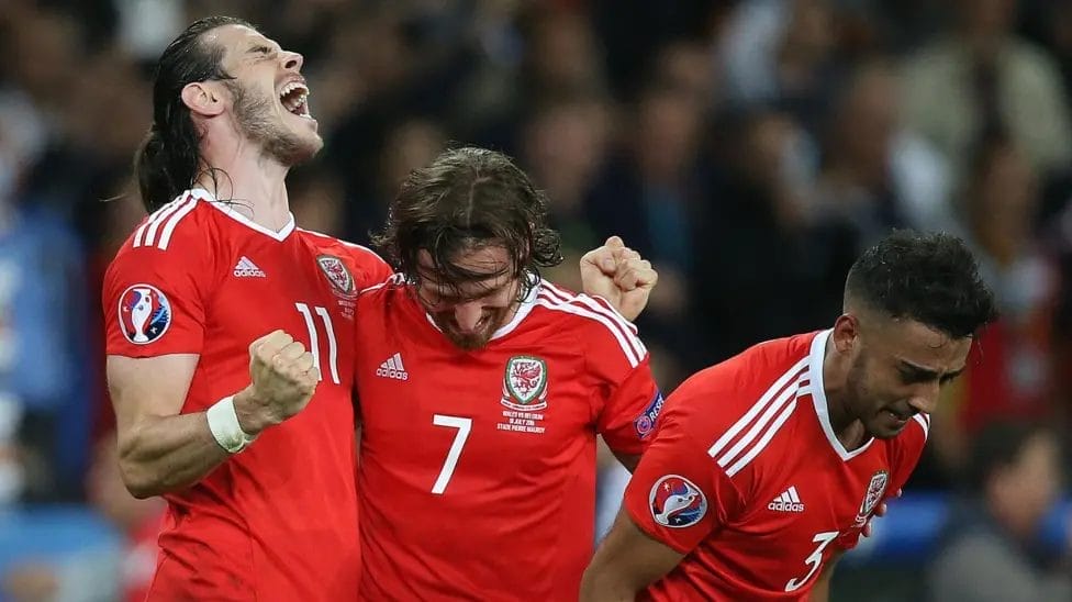 Joe Allen (centre), Gareth Bale (left) and Neil Taylor helped Wales beat Belgium 3-1 in their momentous Euro 2016 quarter-final

