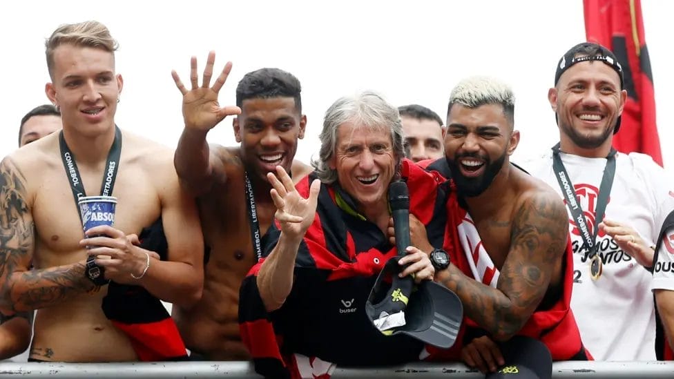 Flamengo manager Jorge Jesus celebrates winning the Copa Libertadores in 2019

